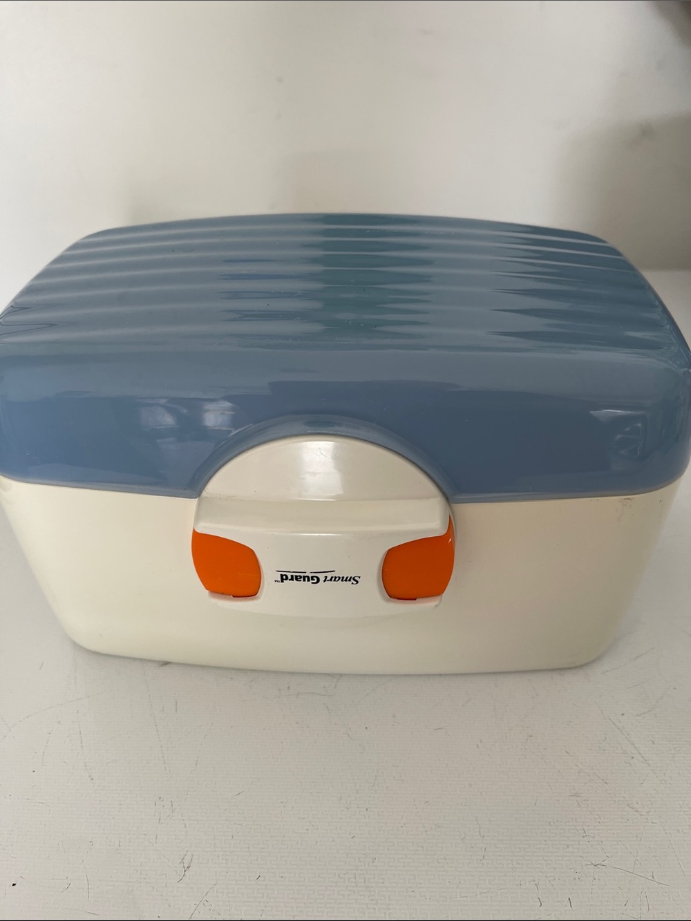 Blue and White Plastic Storage Box safety lock for kids